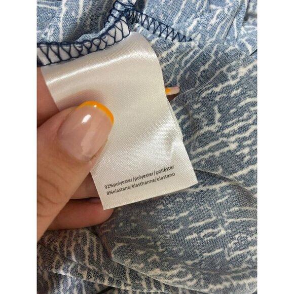 Halston Womens Navy White Textured Print Midi Dress Tie Waist Cap Sleeves Medium - Picture 8 of 9